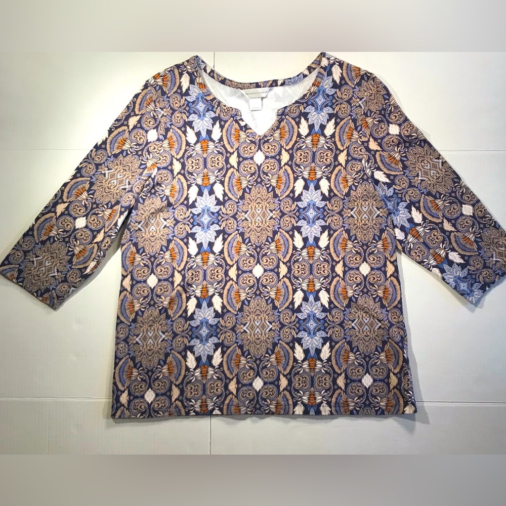 Christopher & Banks Tunic 3/4 Sleeve Brown Blue Tan pattern